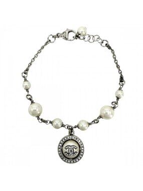 Chanel Bracelet CC Logo Adjustable Star with Faux Pearl Line Stone Silver White
